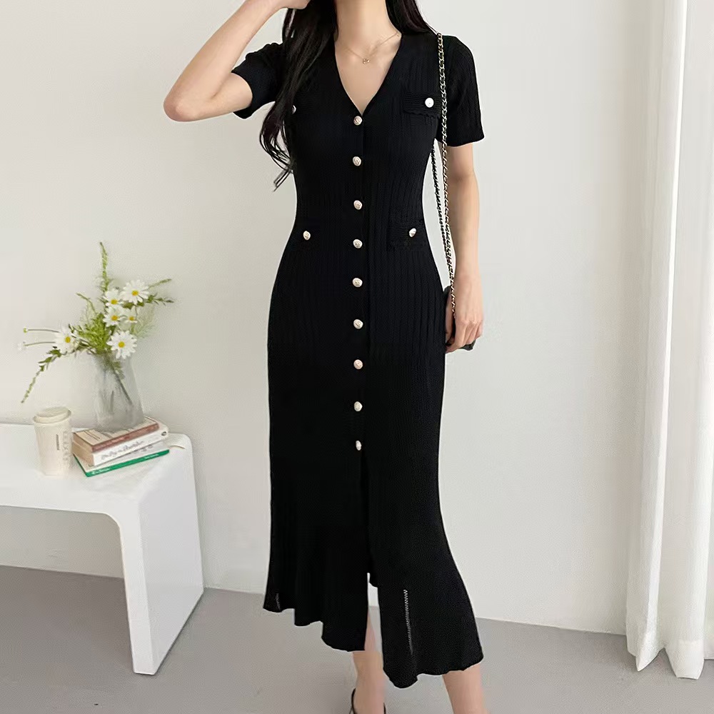 Exceed knee package hip sweater dress Korean style slim long dress