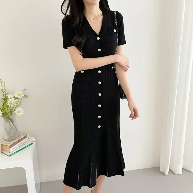 Exceed knee package hip sweater dress Korean style slim long dress