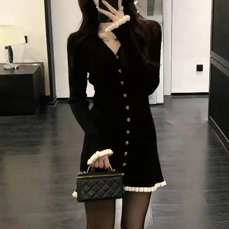 Knitted chanelstyle Hepburn style Casual dress for women