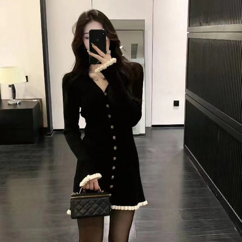 Knitted chanelstyle Hepburn style Casual dress for women