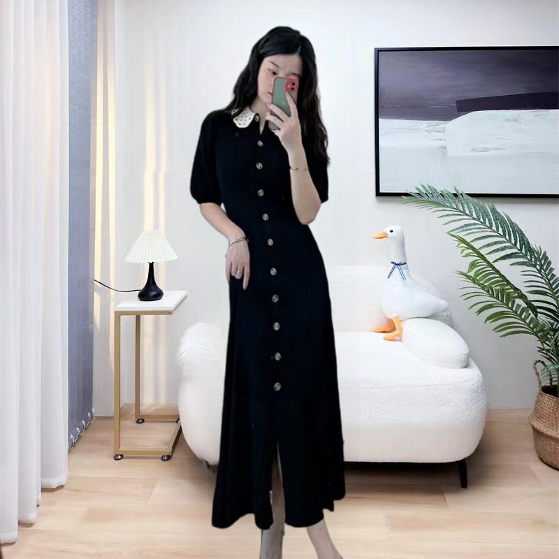 Slim doll collar long dress black France style dress