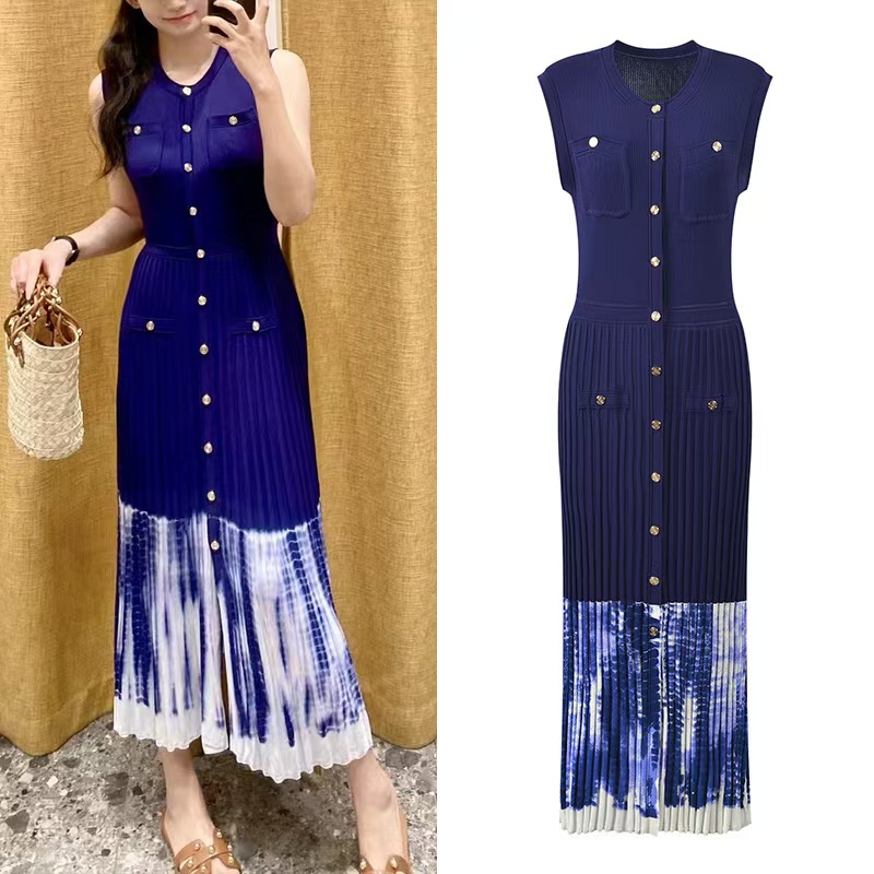 Summer pleated sleeveless splice single-breasted dress