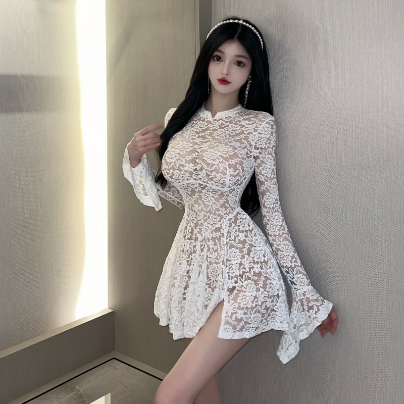 White trumpet sleeves dress single T-back for women