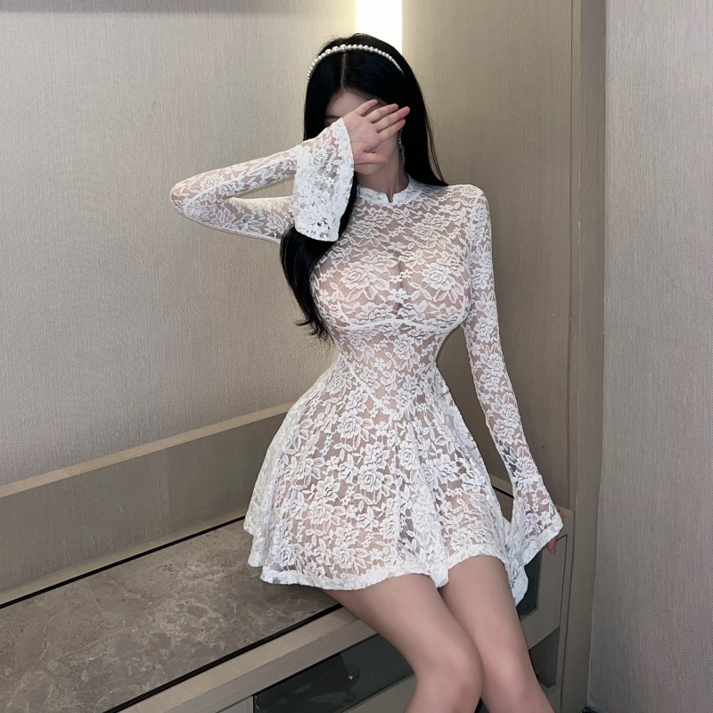 White trumpet sleeves dress single T-back for women