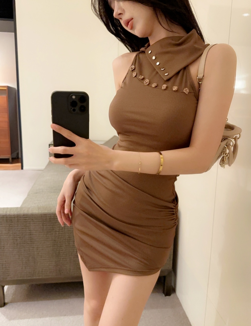 Sleeveless half high collar irregular slim dress for women