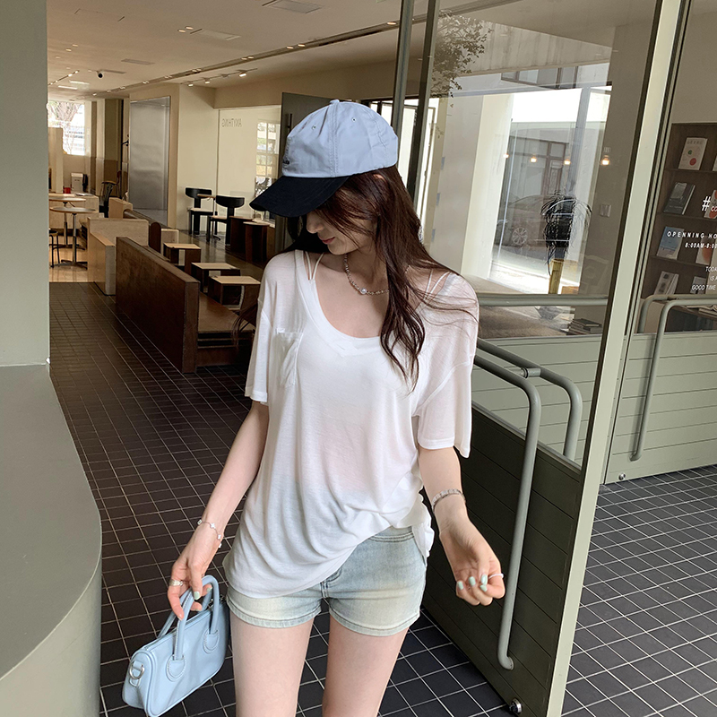 Short sleeve V-neck tops summer loose T-shirt for women