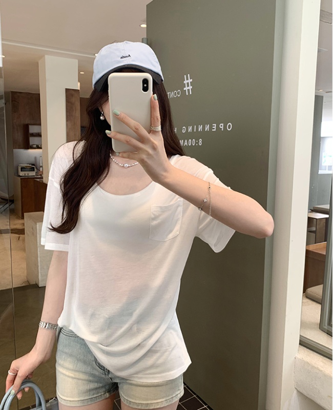 Short sleeve V-neck tops summer loose T-shirt for women