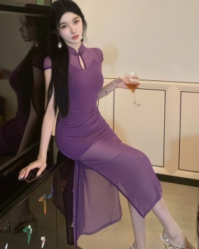 Slim split sexy cheongsam short sleeve gauze dress