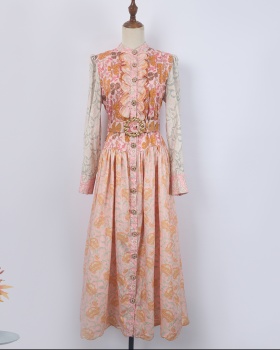 Court style lace diamond retro belt embroidery fungus dress