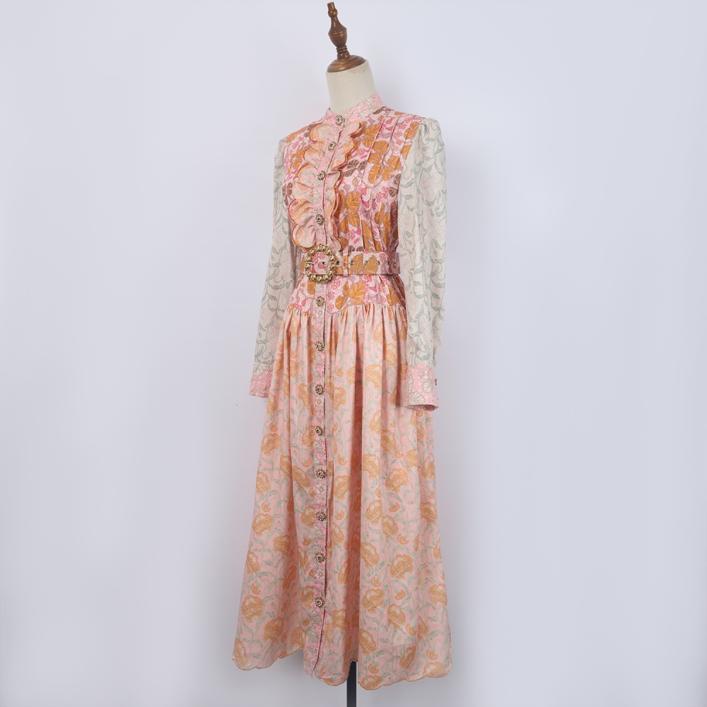 Court style lace diamond retro belt embroidery fungus dress