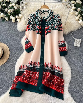 Nine points sleeve lapel printing long loose dress