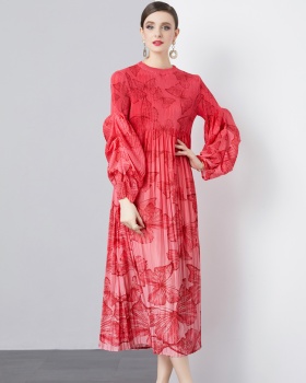 Lantern sleeve fold butterfly loose printing dress