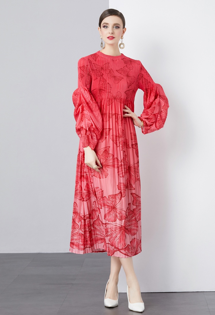 Lantern sleeve fold butterfly loose printing dress