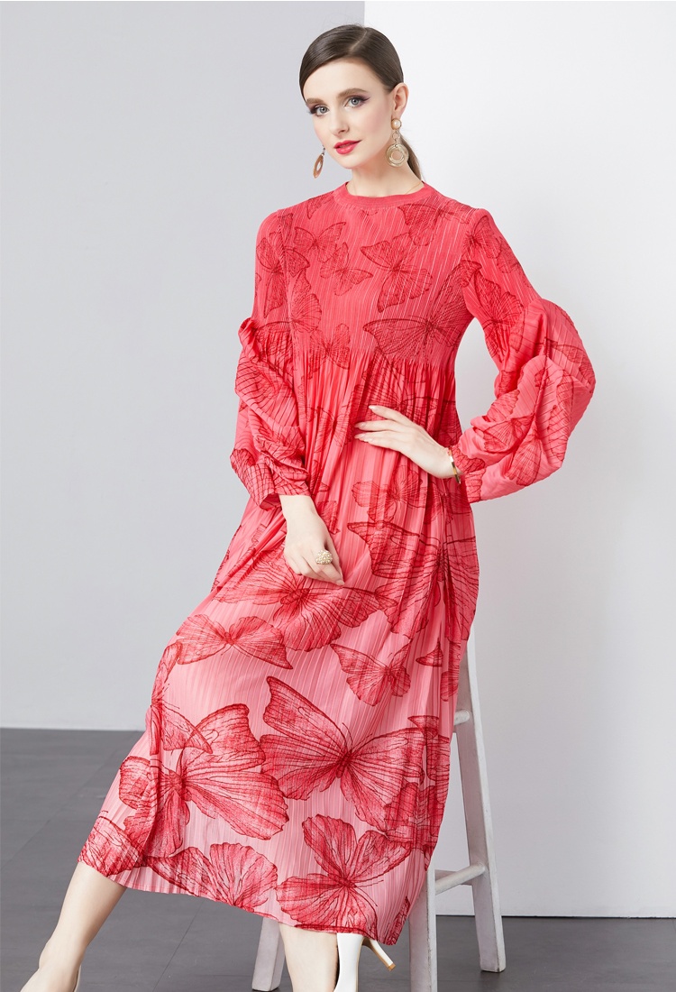 Lantern sleeve fold butterfly loose printing dress