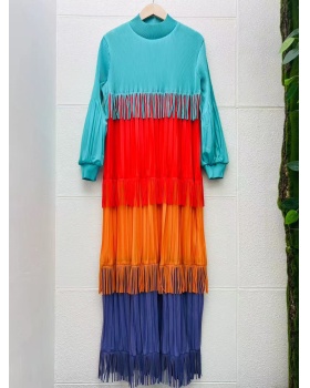 Splice European style mixed colors loose tassels dress