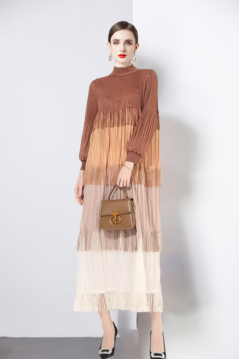 Splice European style mixed colors loose tassels dress