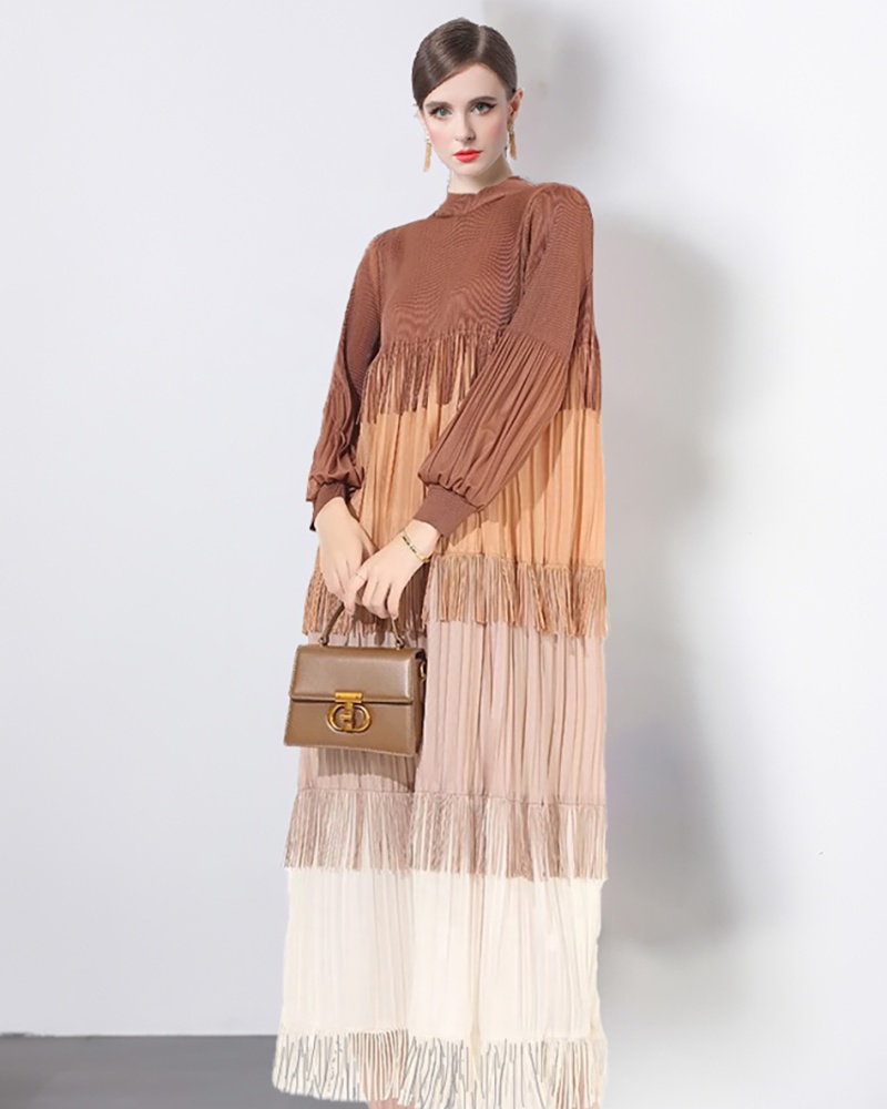 Splice European style mixed colors loose tassels dress