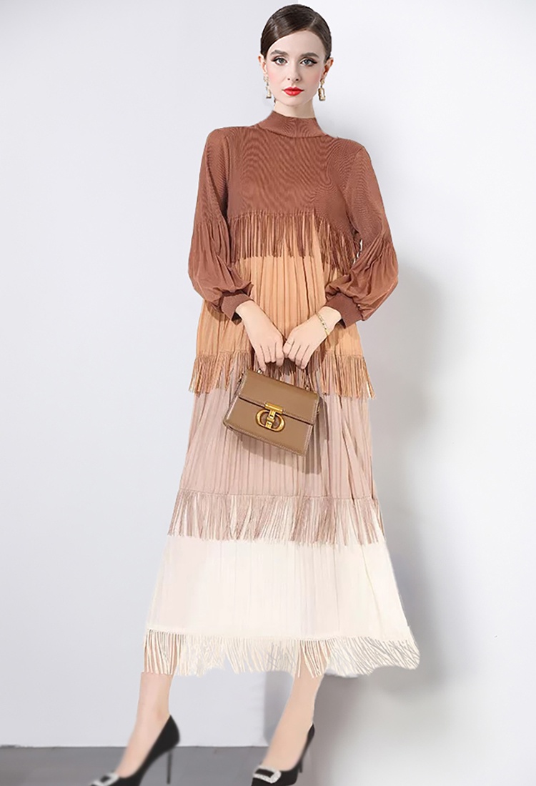 Splice European style mixed colors loose tassels dress