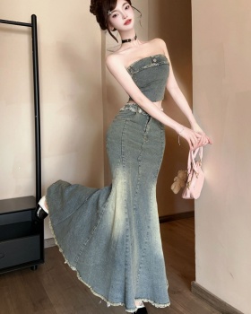 Sexy mermaid show high long dress burr denim tops 2pcs set