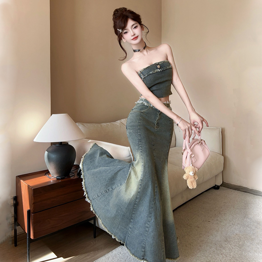 Sexy mermaid show high long dress burr denim tops 2pcs set