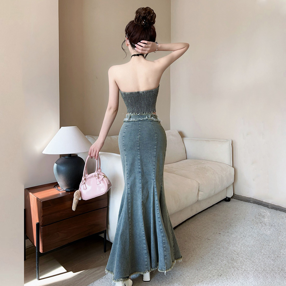 Sexy mermaid show high long dress burr denim tops 2pcs set