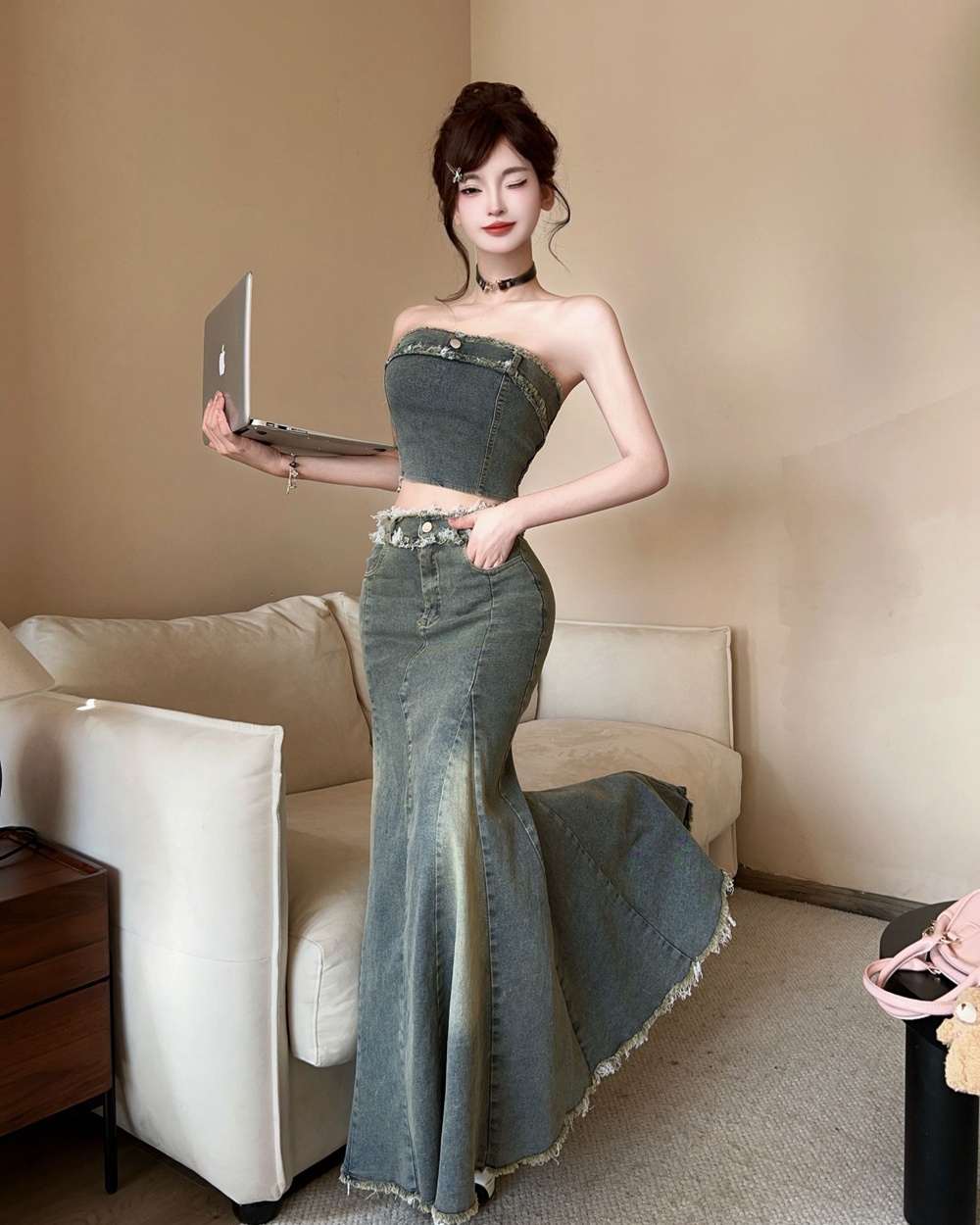 Sexy mermaid show high long dress burr denim tops 2pcs set