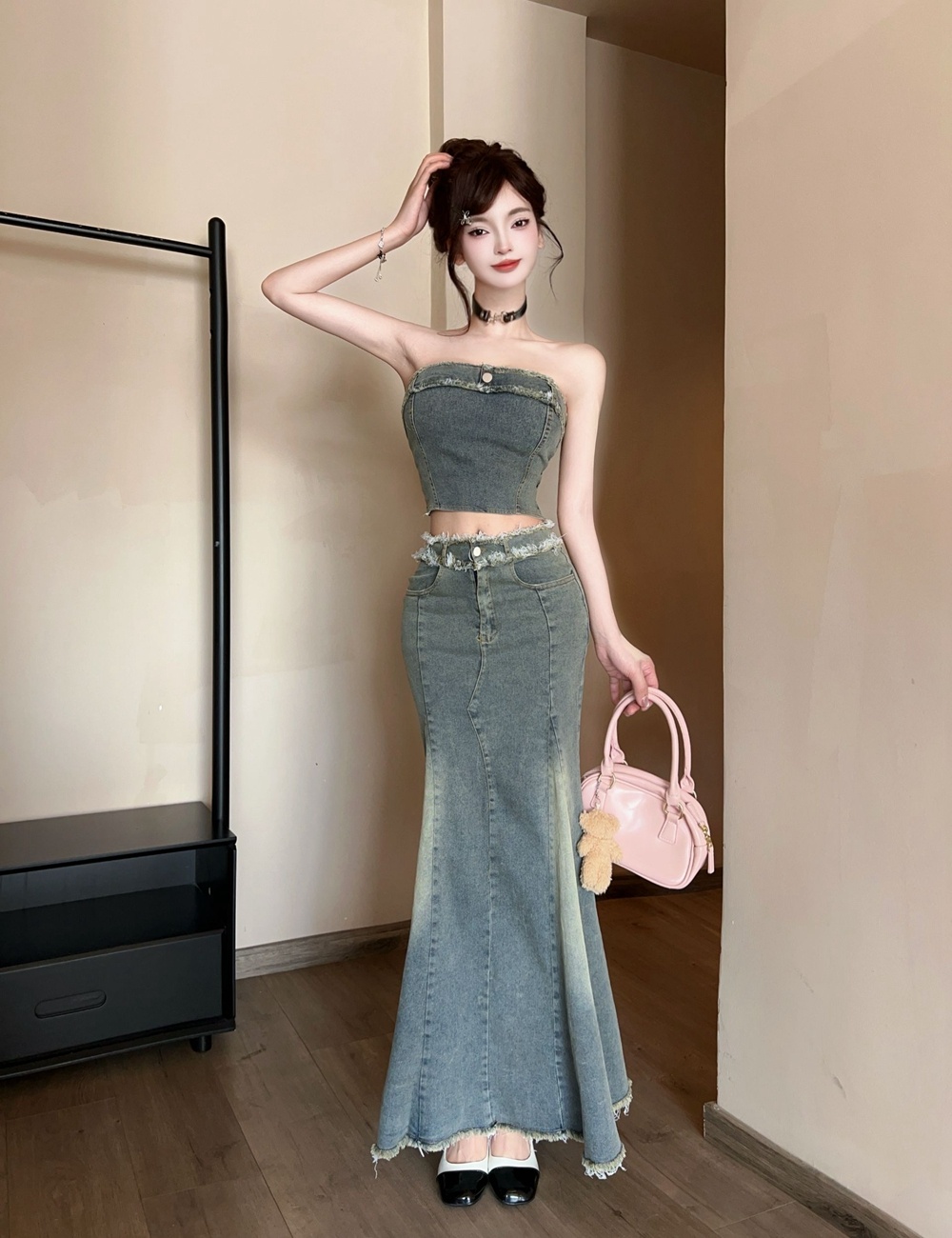 Sexy mermaid show high long dress burr denim tops 2pcs set