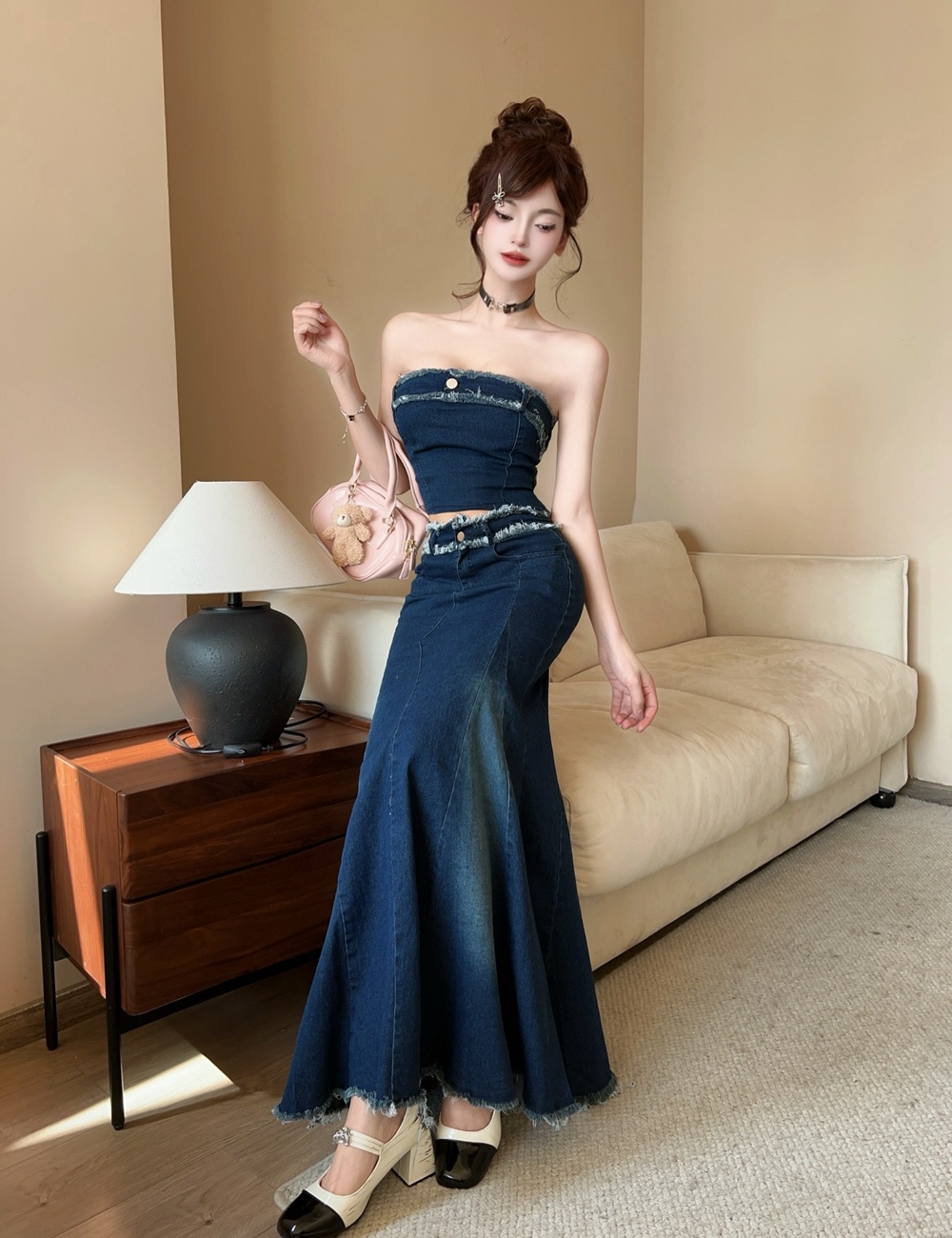 Sexy mermaid show high long dress burr denim tops 2pcs set