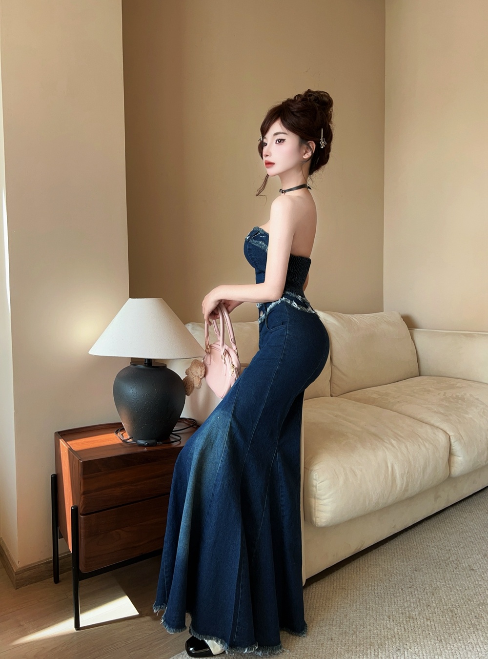 Sexy mermaid show high long dress burr denim tops 2pcs set