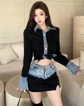 Splice retro skirt long sleeve shirt 2pcs set