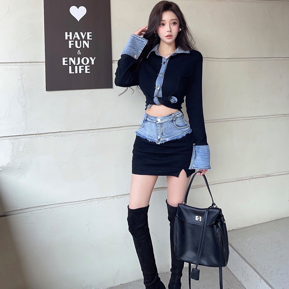 Splice retro skirt long sleeve shirt 2pcs set