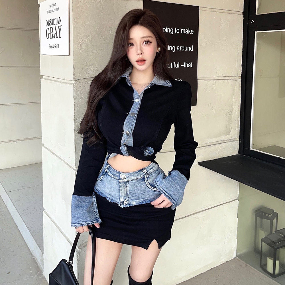 Splice retro skirt long sleeve shirt 2pcs set