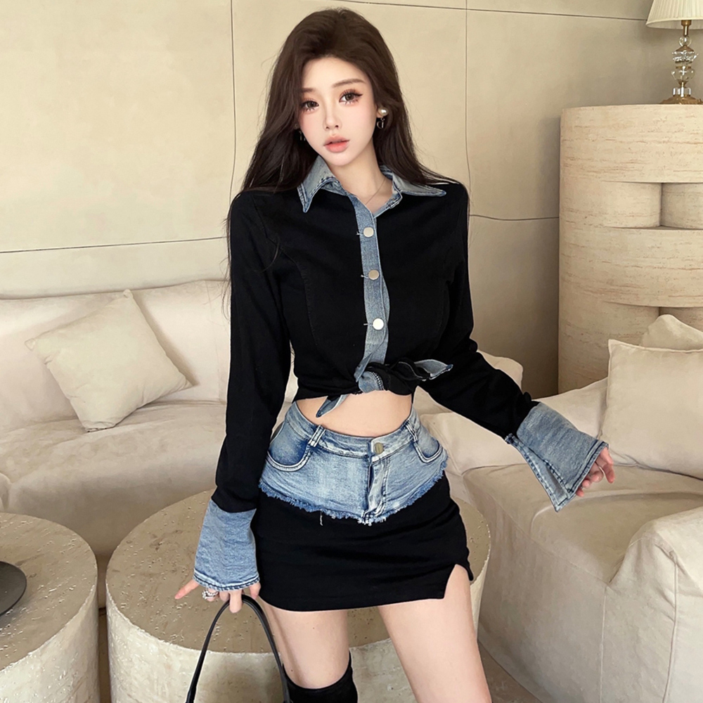 Splice retro skirt long sleeve shirt 2pcs set