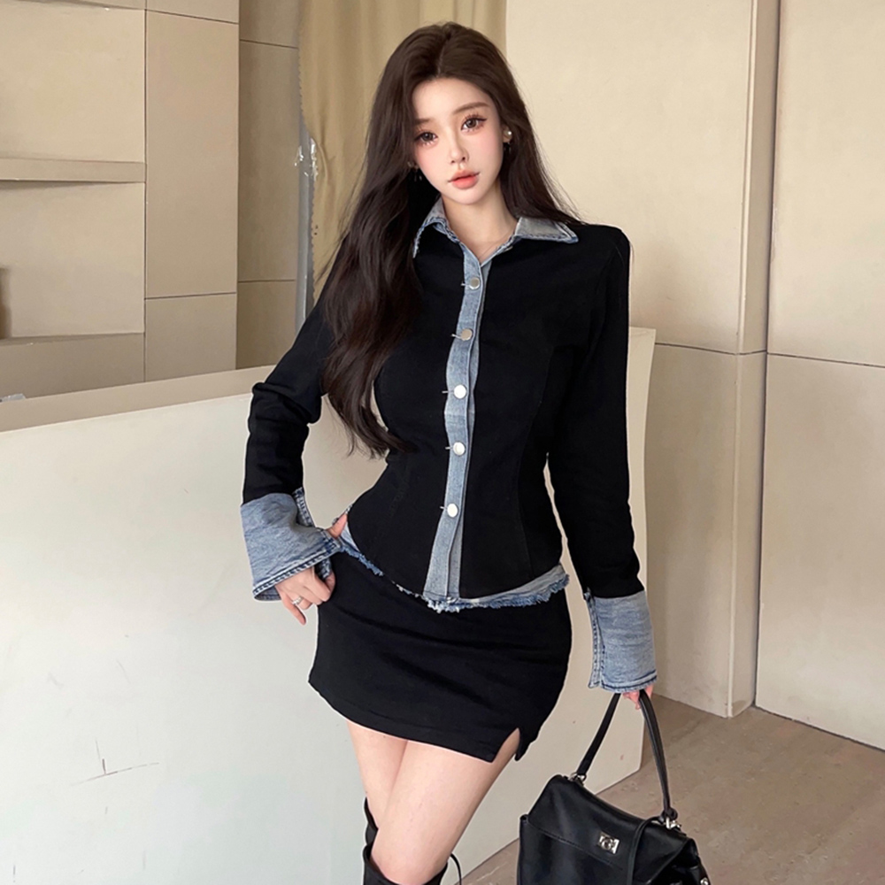 Splice retro skirt long sleeve shirt 2pcs set