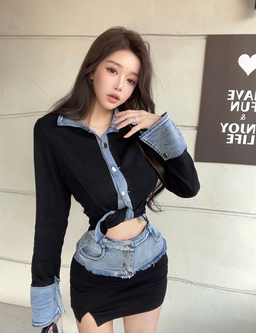 Splice retro skirt long sleeve shirt 2pcs set