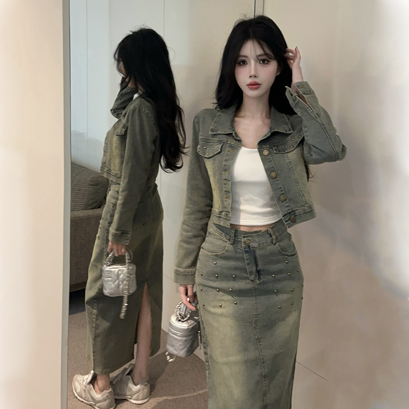 Long sleeve split long skirt retro coat 2pcs set for women