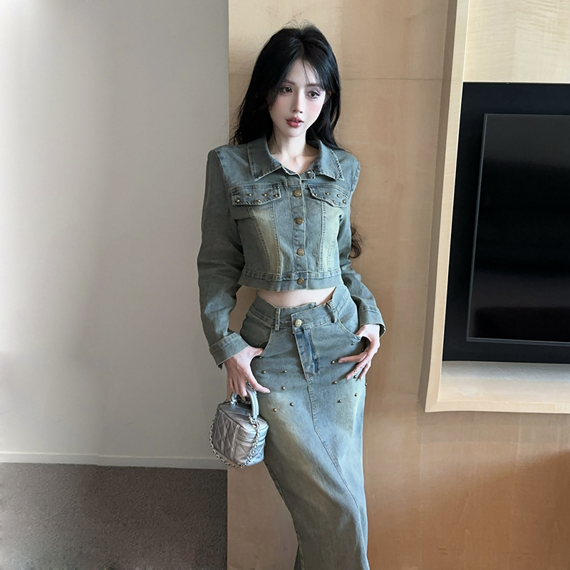 Long sleeve split long skirt retro coat 2pcs set for women