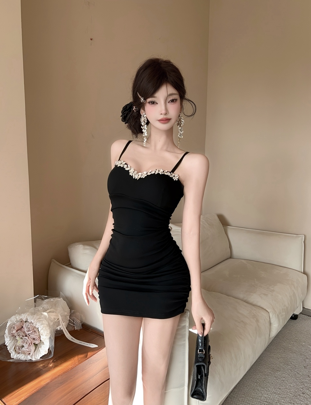 Sling package hip formal dress diamond summer dress