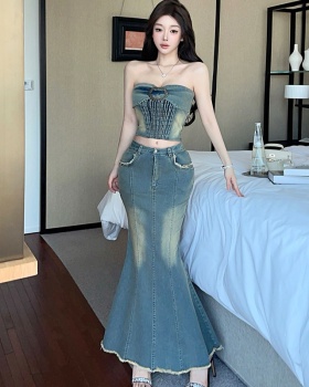 Burr mermaid tops denim long dress 2pcs set