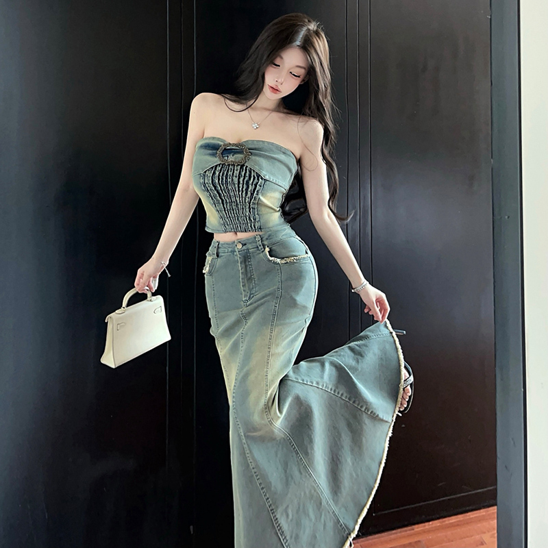 Burr mermaid tops denim long dress 2pcs set