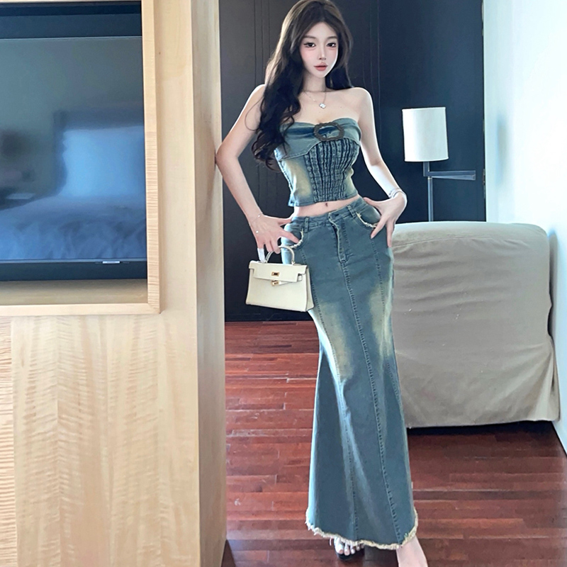 Burr mermaid tops denim long dress 2pcs set