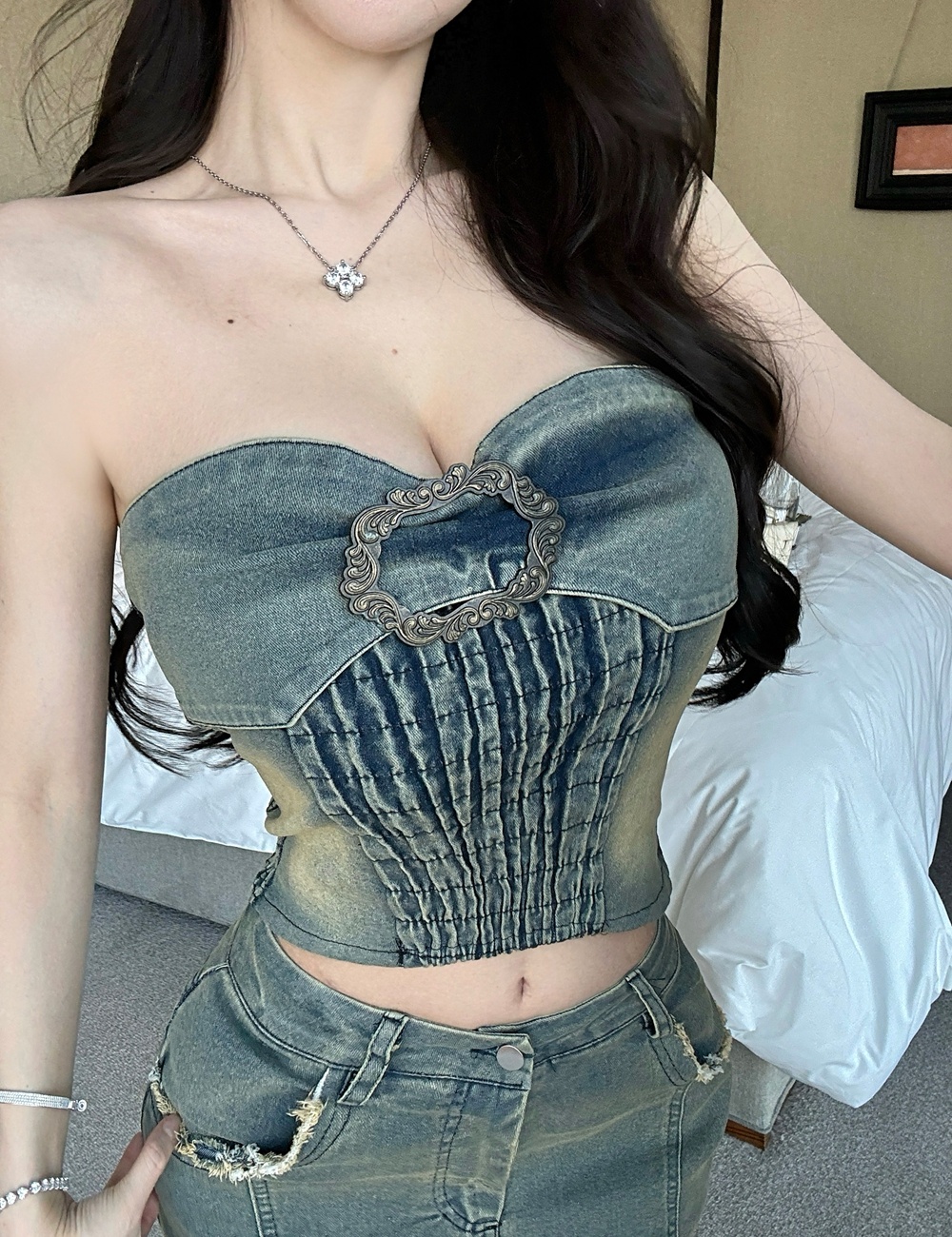 Burr mermaid tops denim long dress 2pcs set