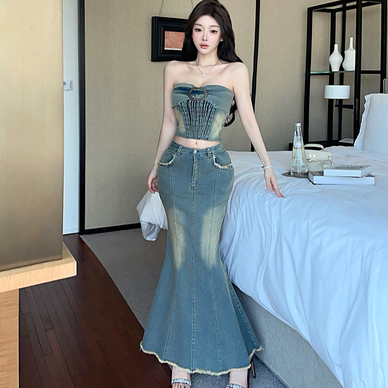 Burr mermaid tops denim long dress 2pcs set