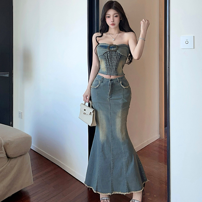 Burr mermaid tops denim long dress 2pcs set