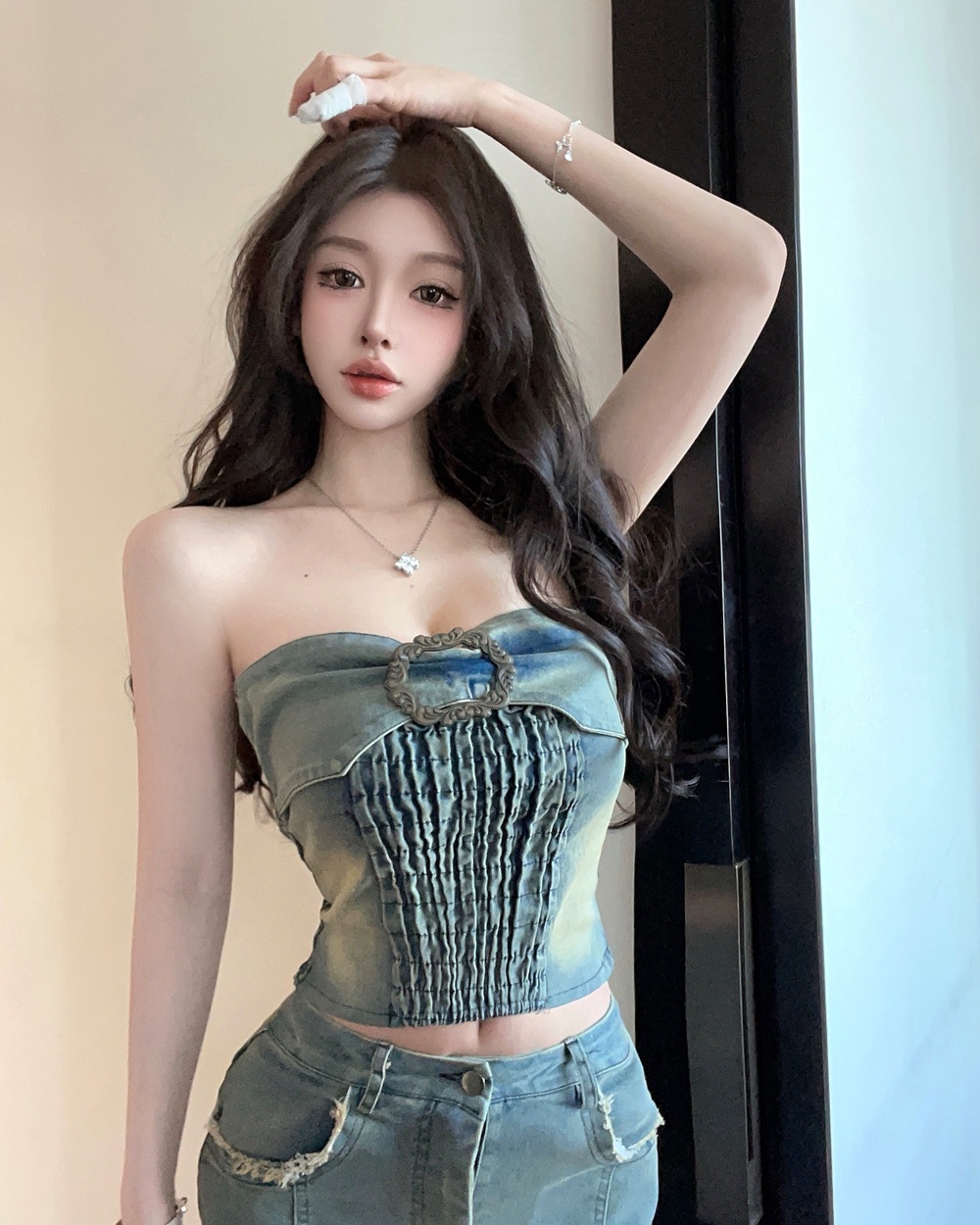 Burr mermaid tops denim long dress 2pcs set