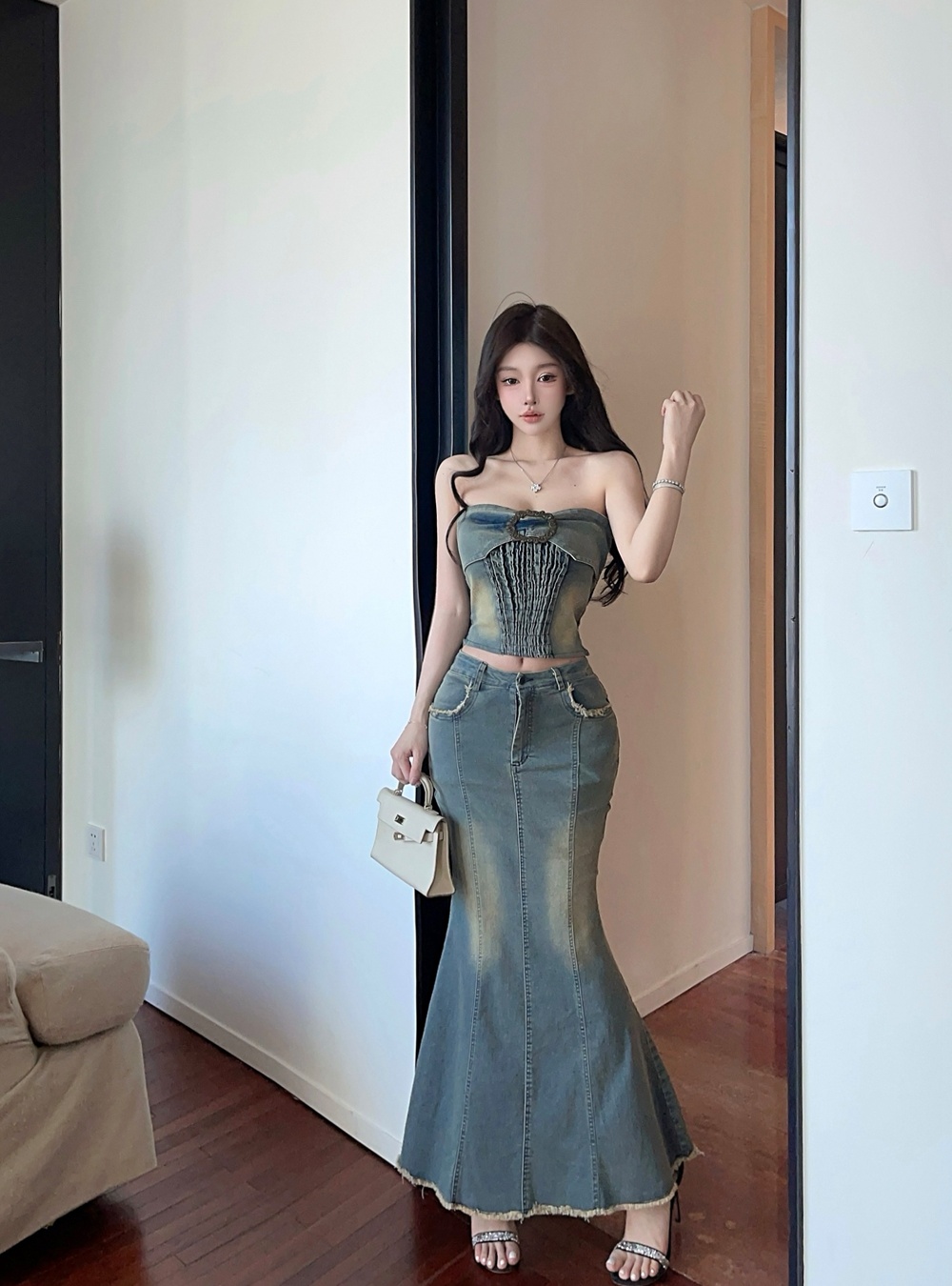 Burr mermaid tops denim long dress 2pcs set