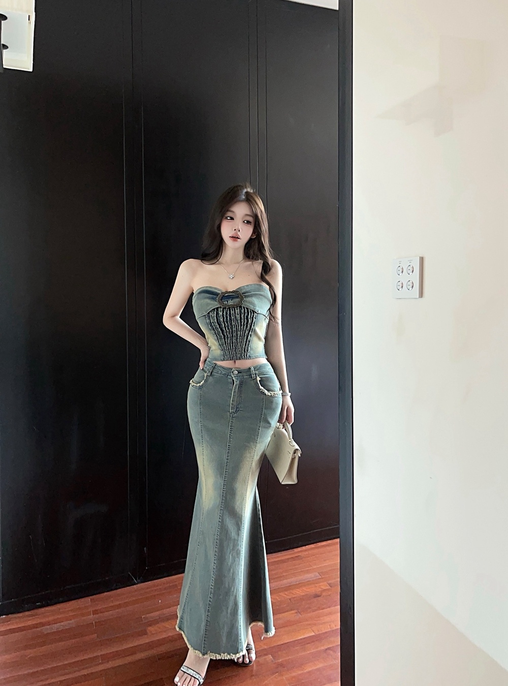 Burr mermaid tops denim long dress 2pcs set