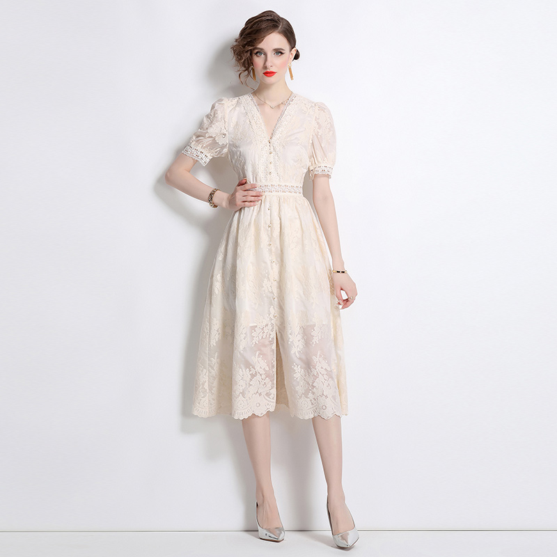 Slim lace V-neck temperament embroidered dress