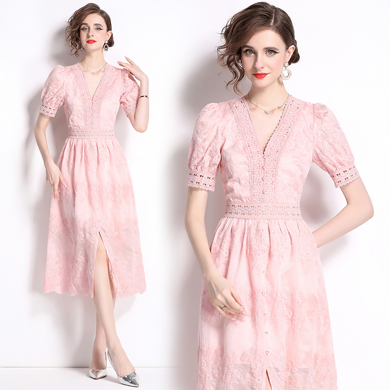 Slim V-neck lace temperament embroidered dress