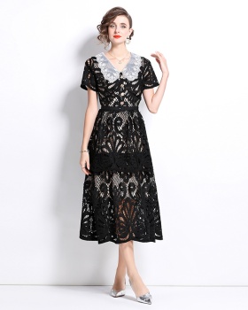 Pinched waist slim France style long dress embroidered V-neck dress